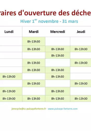 Horaires d'ouverture des déchetteries 2026/2027